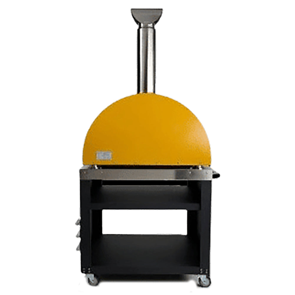 Wood-fired pizza oven on cart with yellow dome and stainless flue