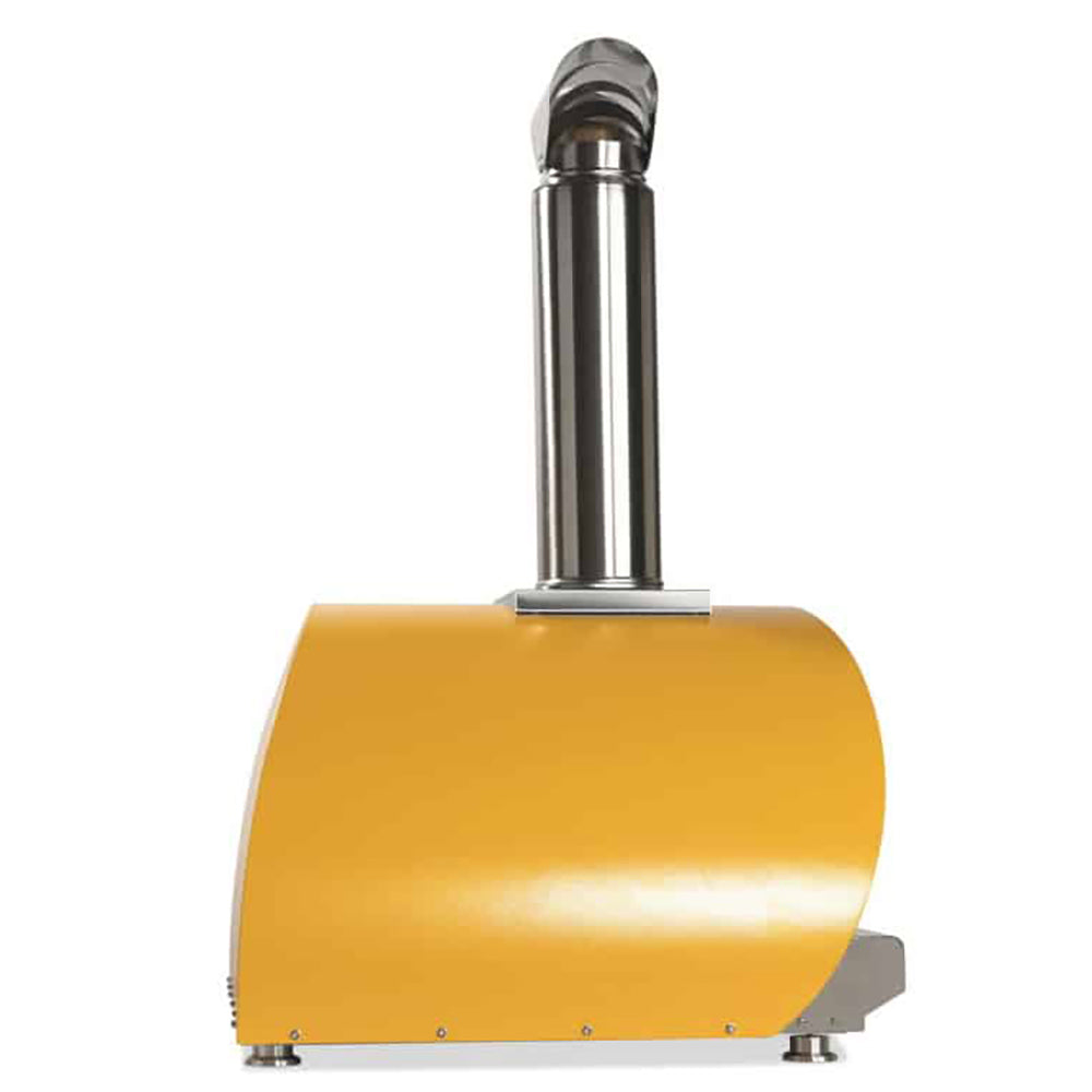 Yellow wood-fired pizza oven with stainless chimney and curved side body