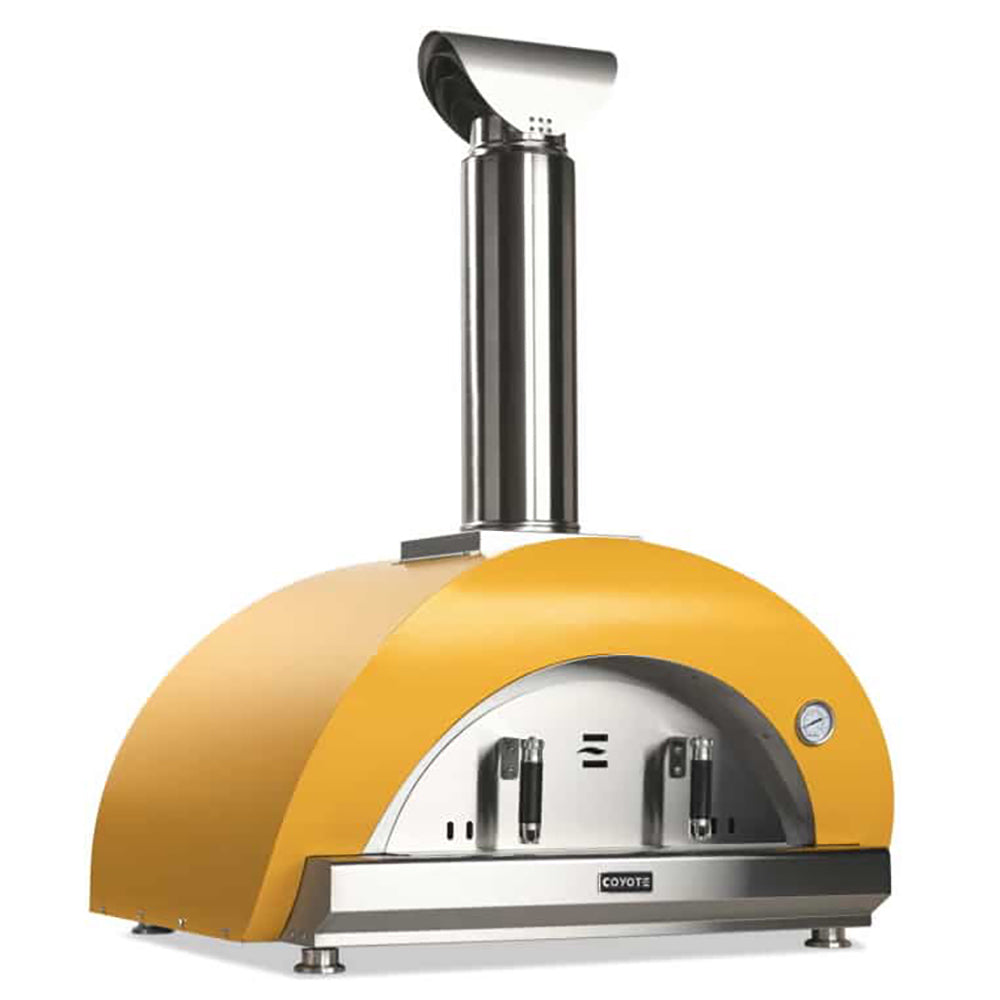 Yellow wood-fired pizza oven with stainless chimney and arched front cooking door