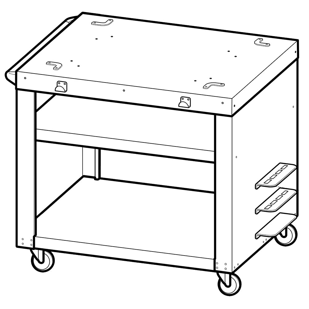 Pizza oven cart with side shelves, open frame, and caster wheels