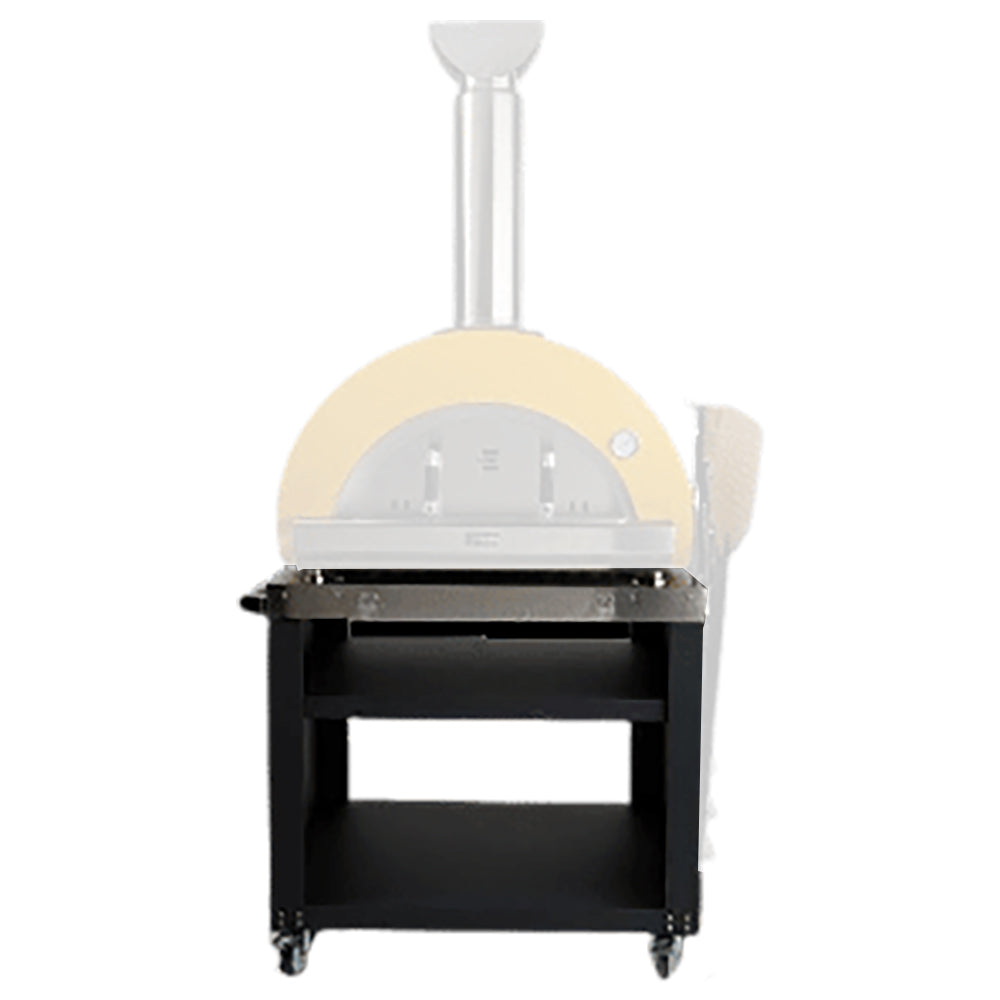 Pizza oven on wheeled cart with front shelf and open base