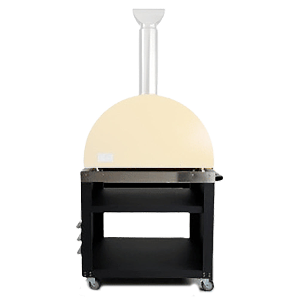 Pizza oven on wheeled cart with pale dome and front storage shelf