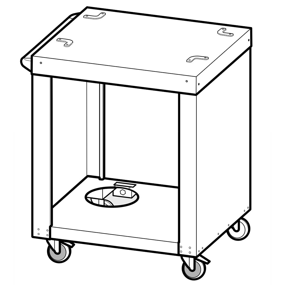 Pizza oven cart with enclosed shelf and four caster wheels