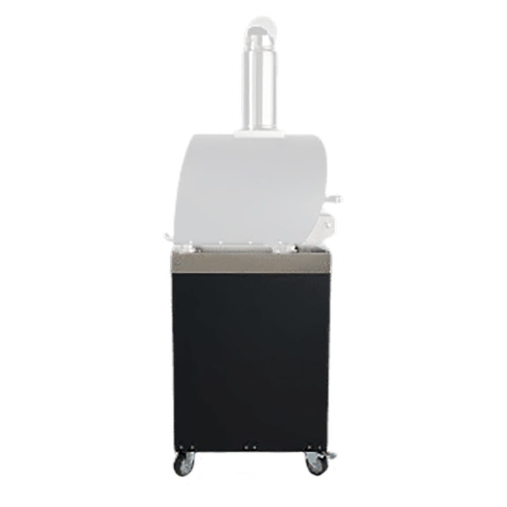 Pizza oven stand with domed oven and lower shelf cabinet on four casters