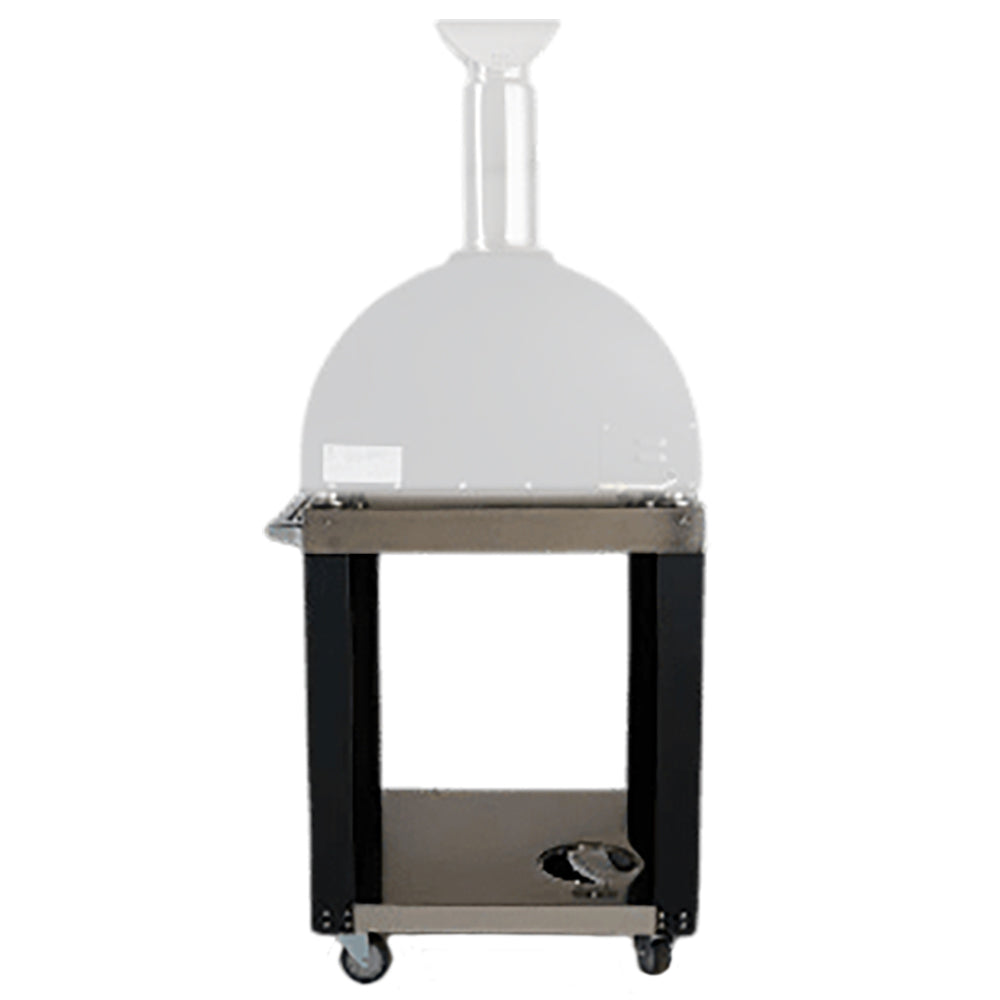Pizza oven stand with domed oven and lower shelf cabinet, four caster legs