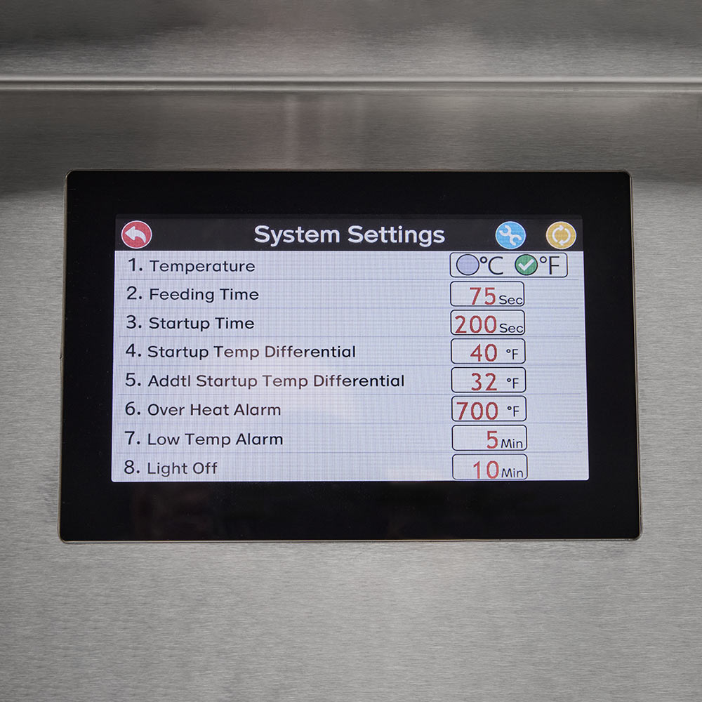 Pellet grill control screen showing system settings, temperature, feed time and alarms