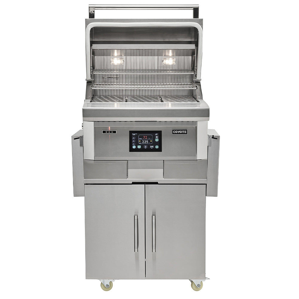 Pellet grill with lid open, interior racks, and digital controller on front
