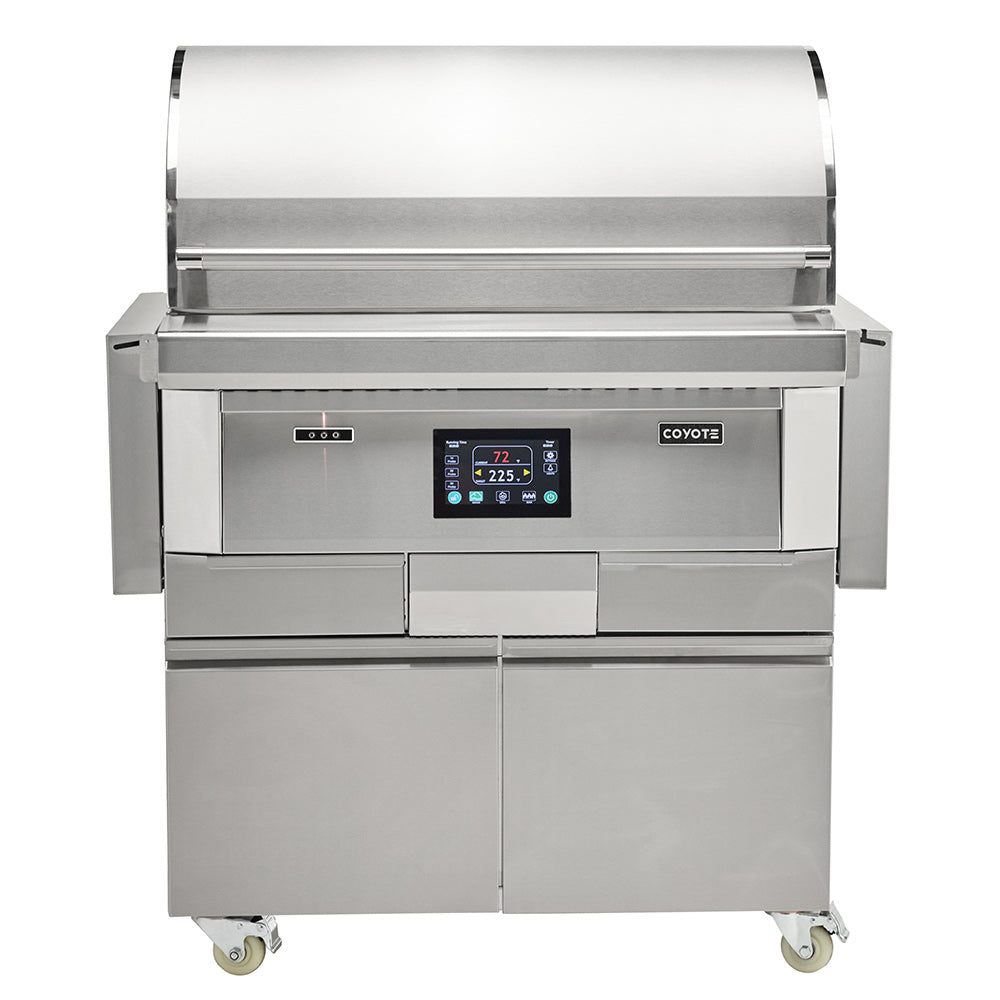 Stainless steel freestanding pellet grill with open lid and control panel