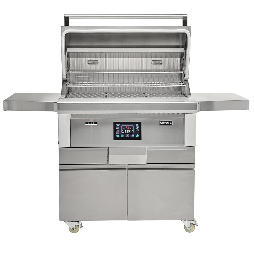 Stainless steel freestanding pellet grill with open lid and cooking shelves