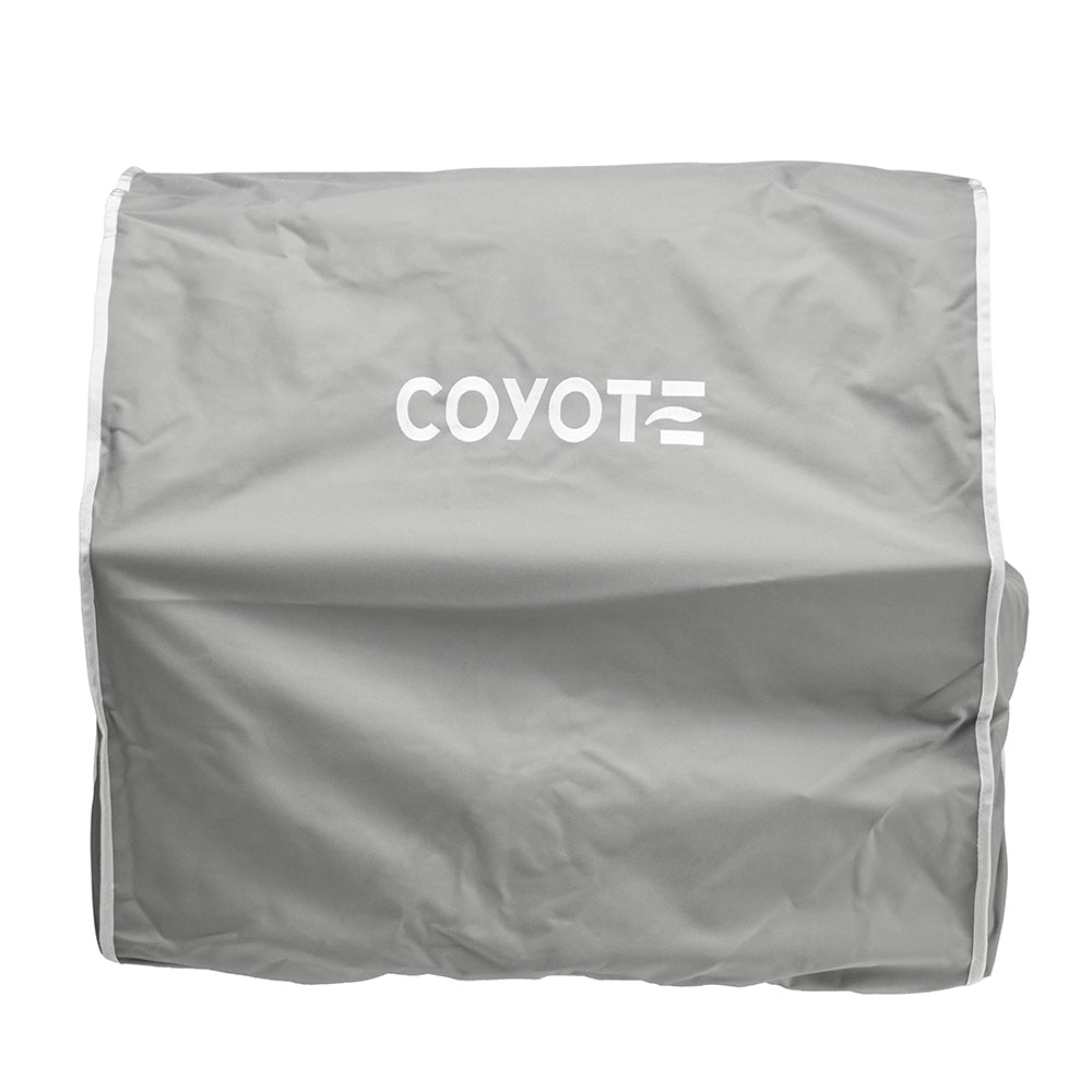 Light gray vinyl grill cover for a freestanding grill, front view