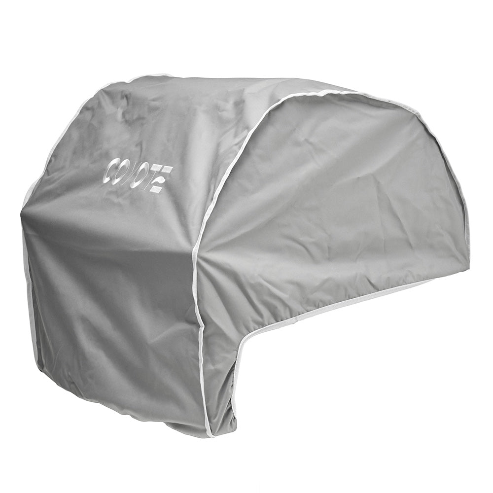 Light gray vinyl grill cover with curved front, side view