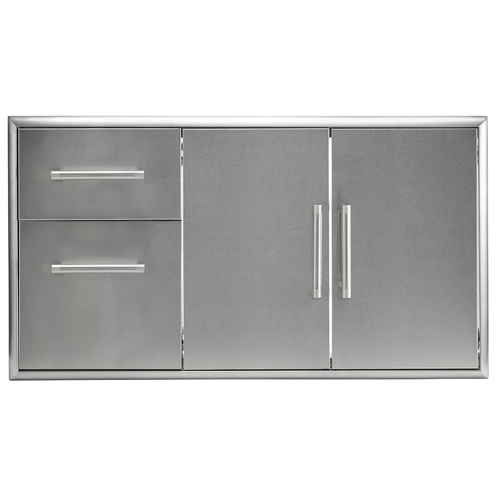Stainless steel cabinet with double doors and two drawers, brushed metal handles