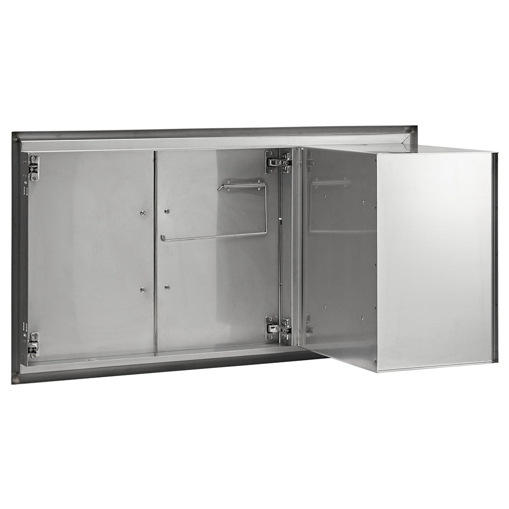 Stainless steel cabinet with open door showing interior shelf and hinges