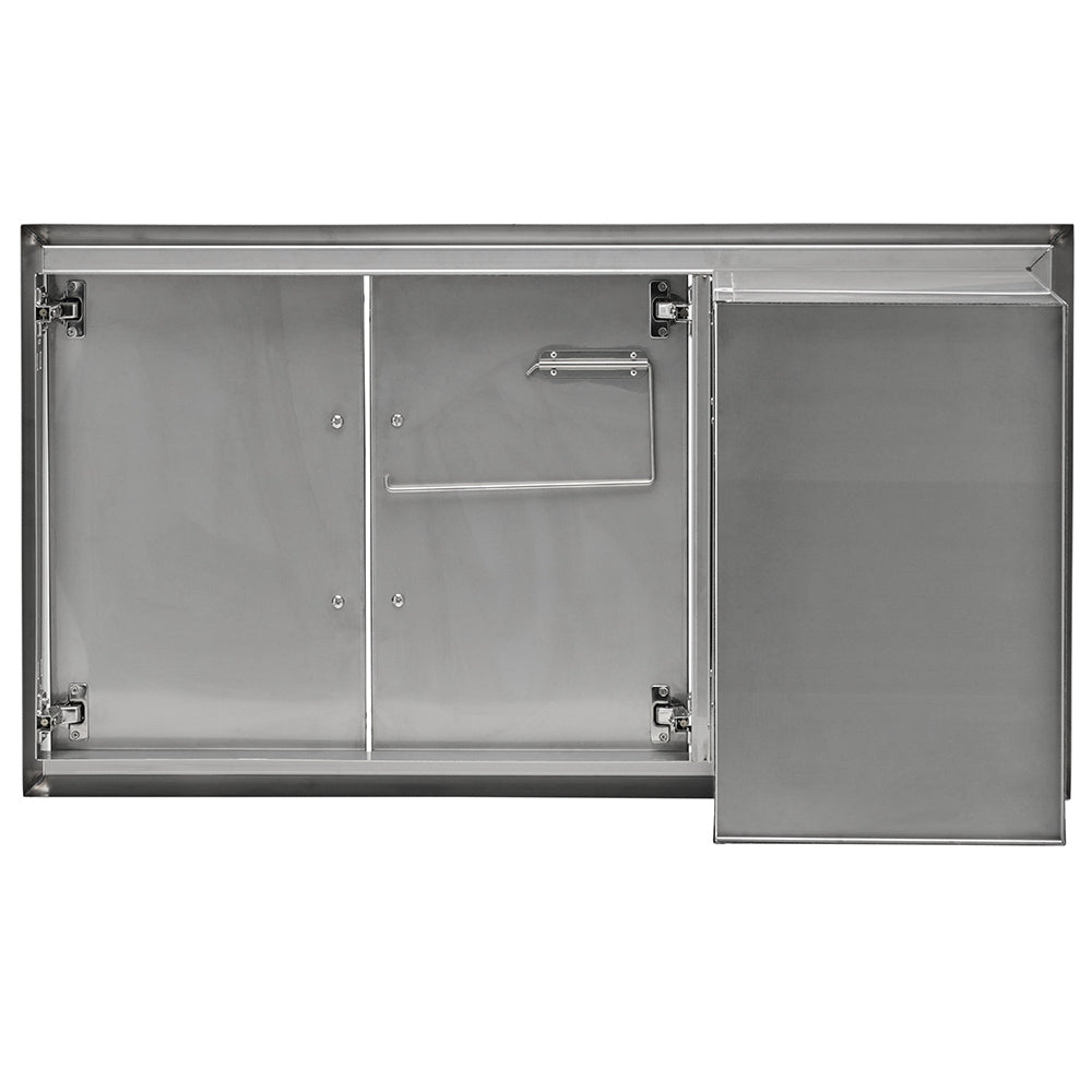 Stainless steel cabinet interior with one door open and wall-mounted handle bar