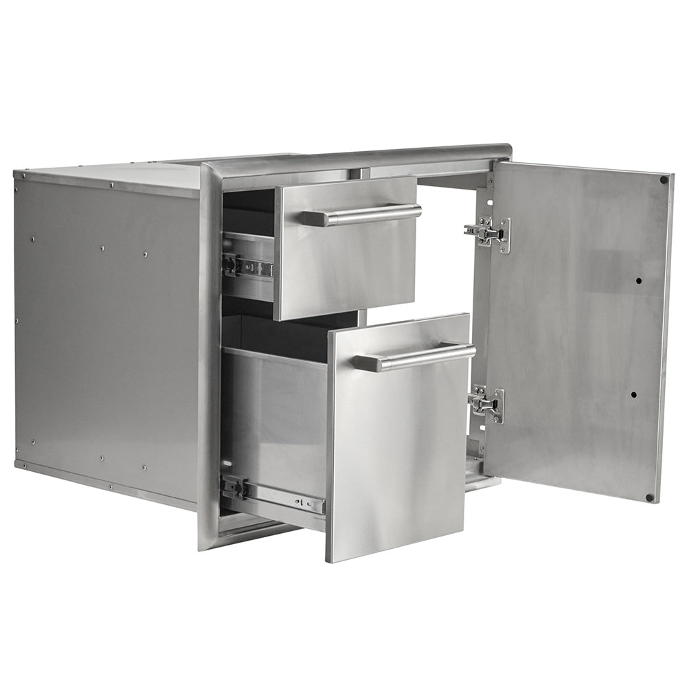 Stainless steel cabinet with two pull-out drawers and open double doors