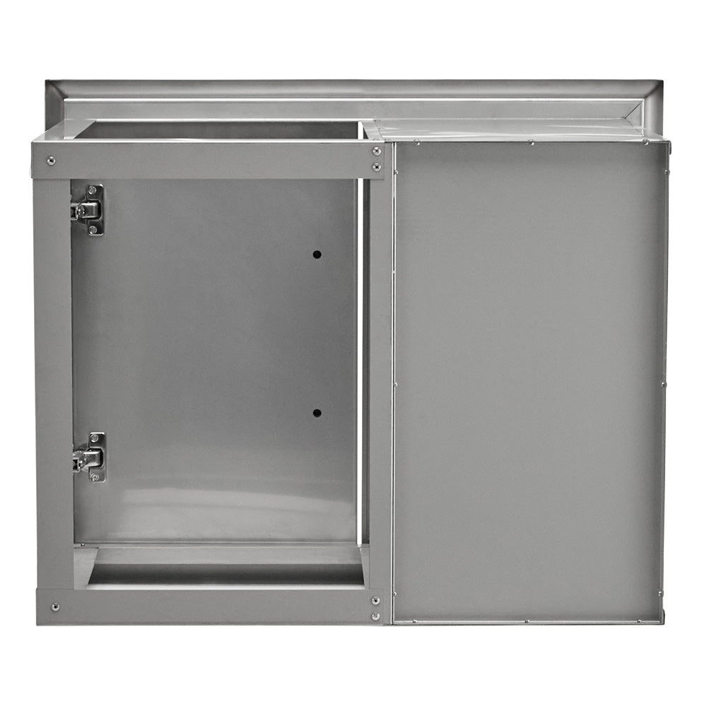 Stainless steel access door with open interior panel and hinge hardware
