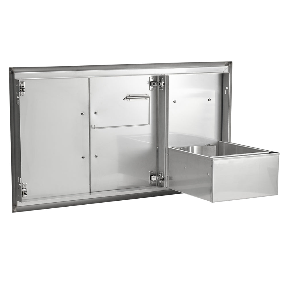 Stainless steel double access cabinet doors with pull-out drawer pulled open
