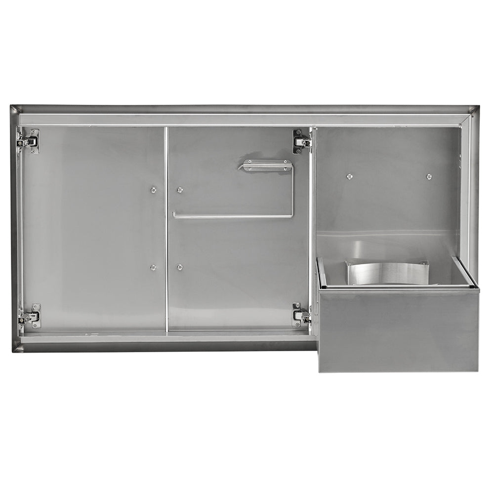 Stainless steel double access doors with pull-out drawer open, showing interior