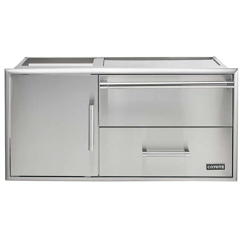 Stainless steel warming drawer with pull-out lower drawer, both doors closed