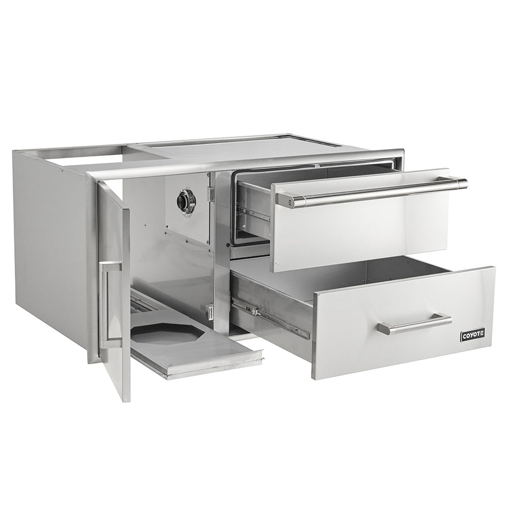 Open stainless warming drawer with side cavity and sliding trays