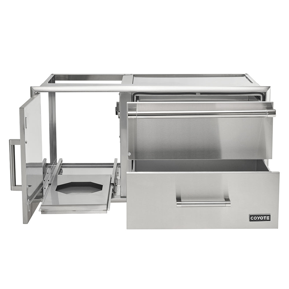 Stainless steel warming drawer with open doors and lower pull-out drawer