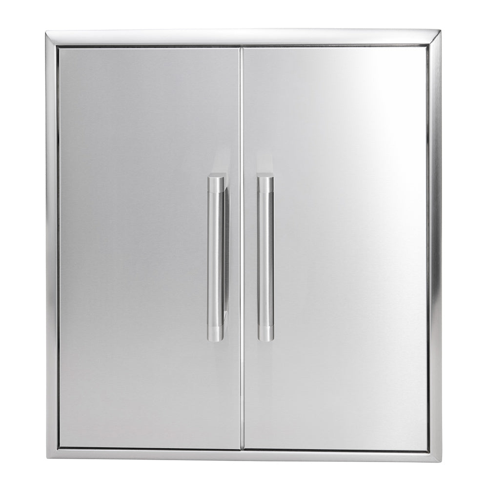 Stainless steel double access doors with vertical pull handles, square frame.