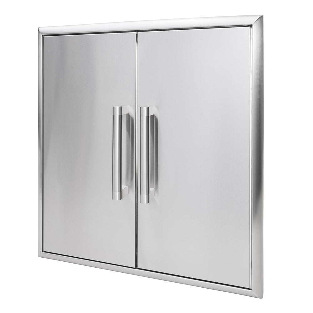 Stainless steel double access doors with vertical handles and brushed frame.
