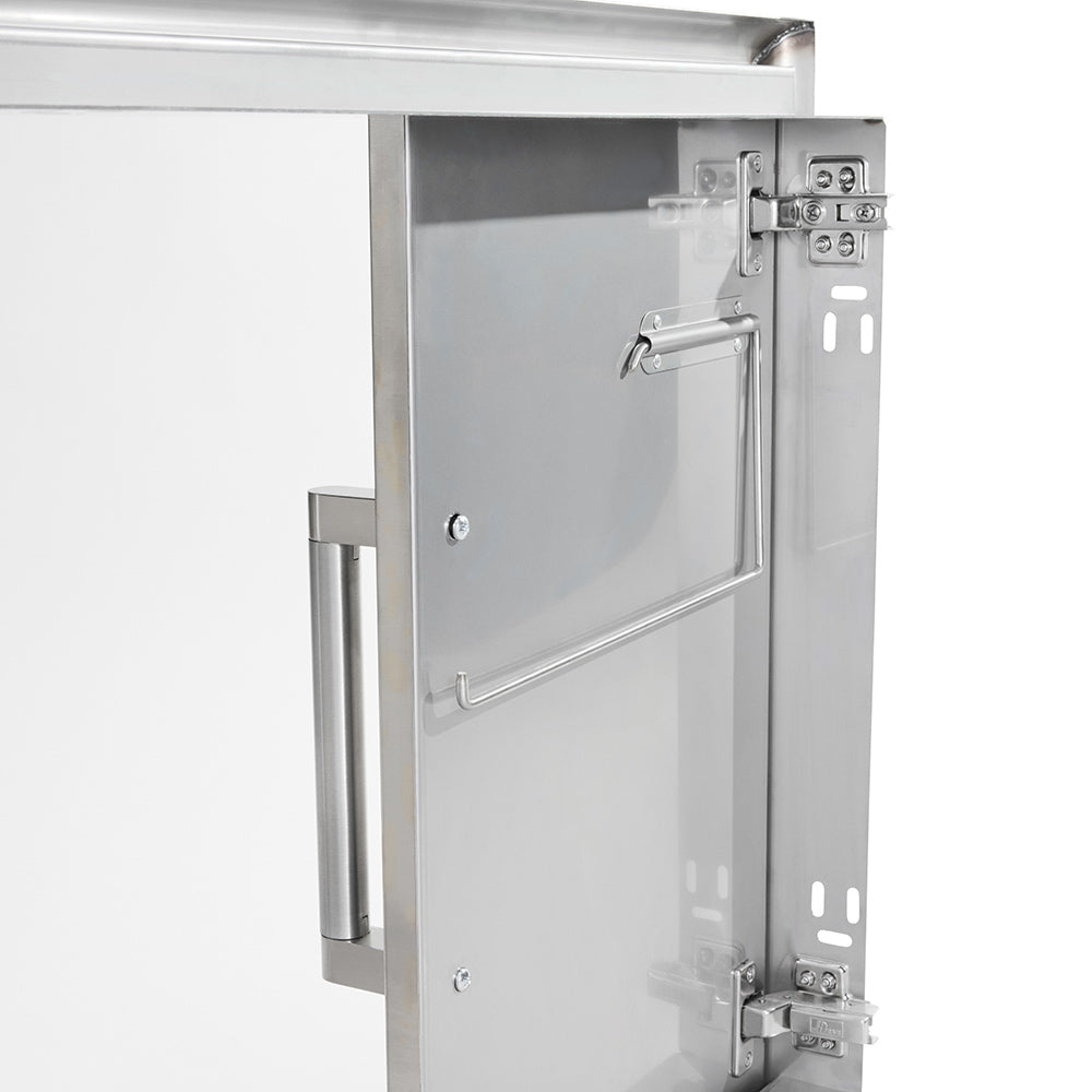 Stainless steel access doors with hinges and latch hardware, open view.