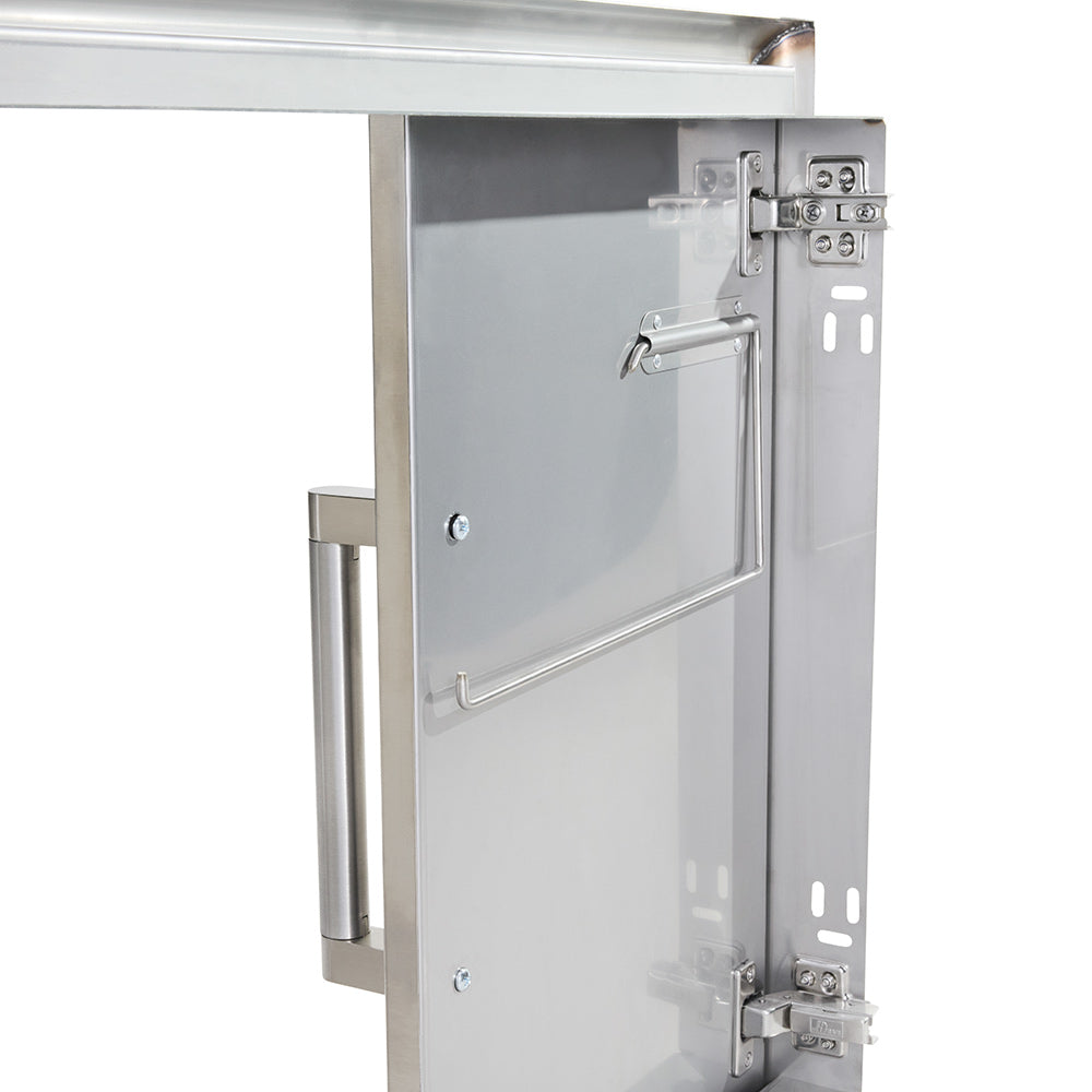 Coyote stainless steel double access door hinge hardware and pull handle, open