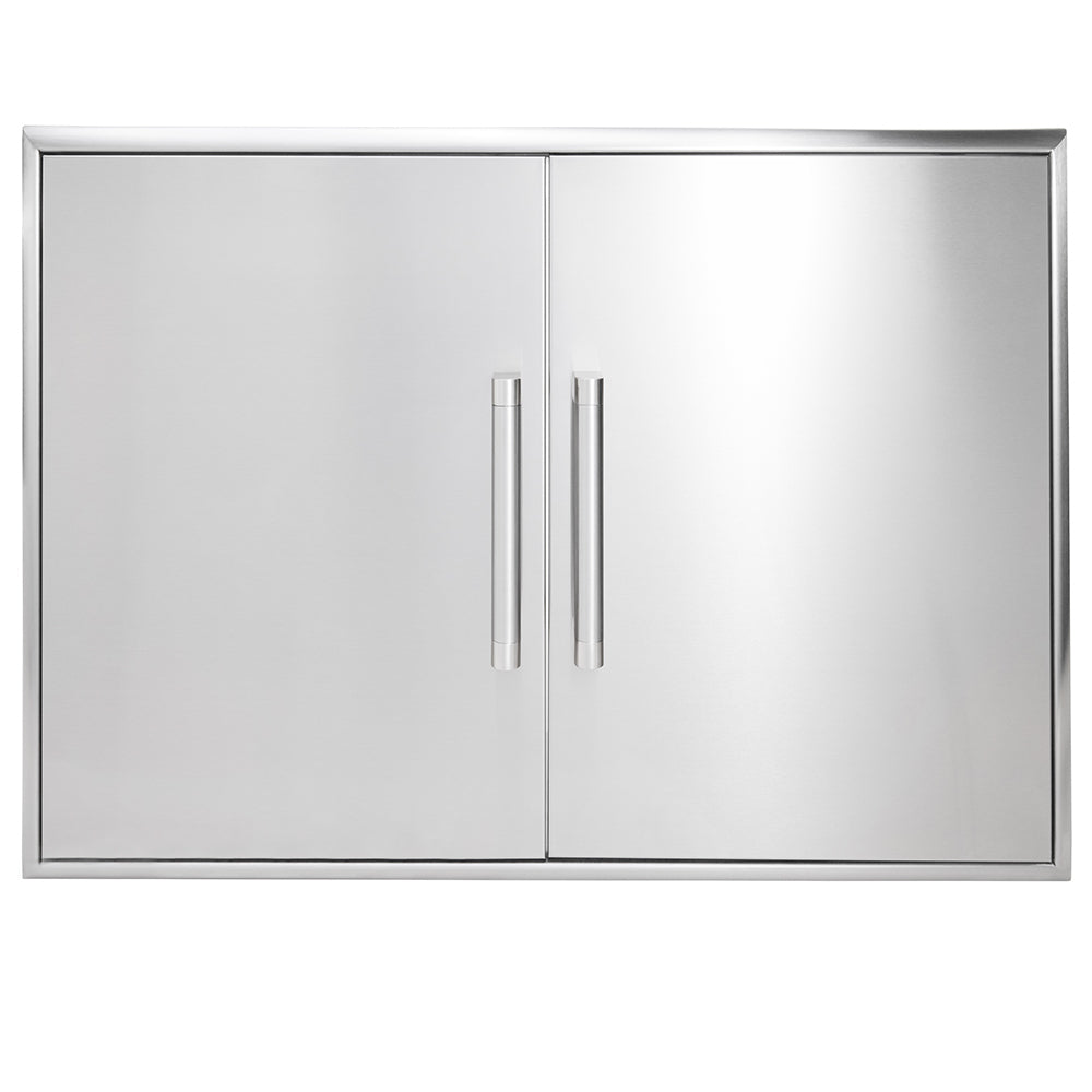 Stainless steel double access doors with two vertical pull handles, split rectangular frame