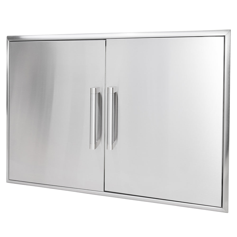 Stainless steel double access doors, side view showing long pull handles and door seam