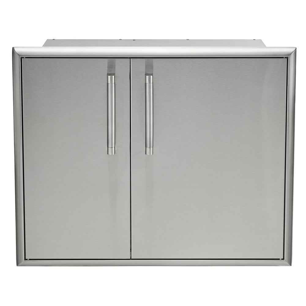 Stainless steel dry pantry cabinet with two front doors and brushed metal finish