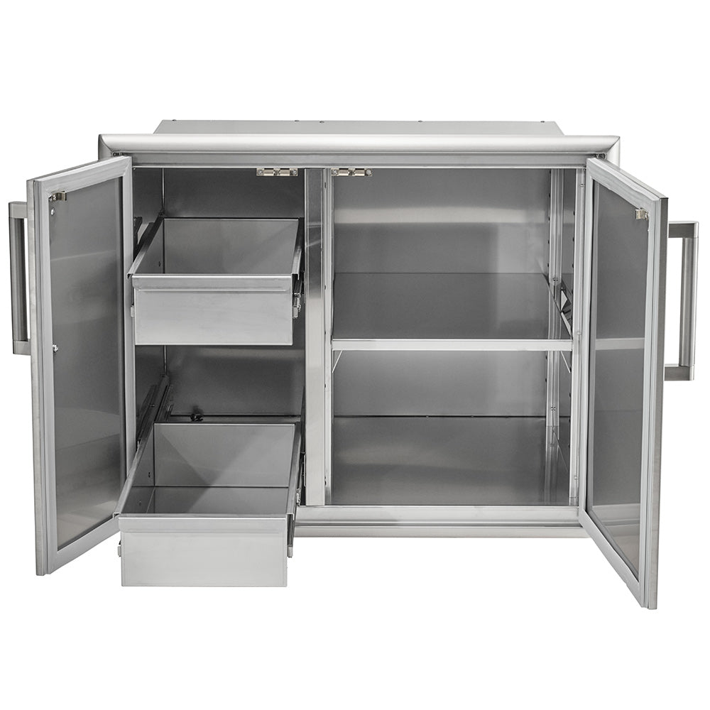 Stainless steel dry pantry cabinet with doors open, showing shelves and storage drawers