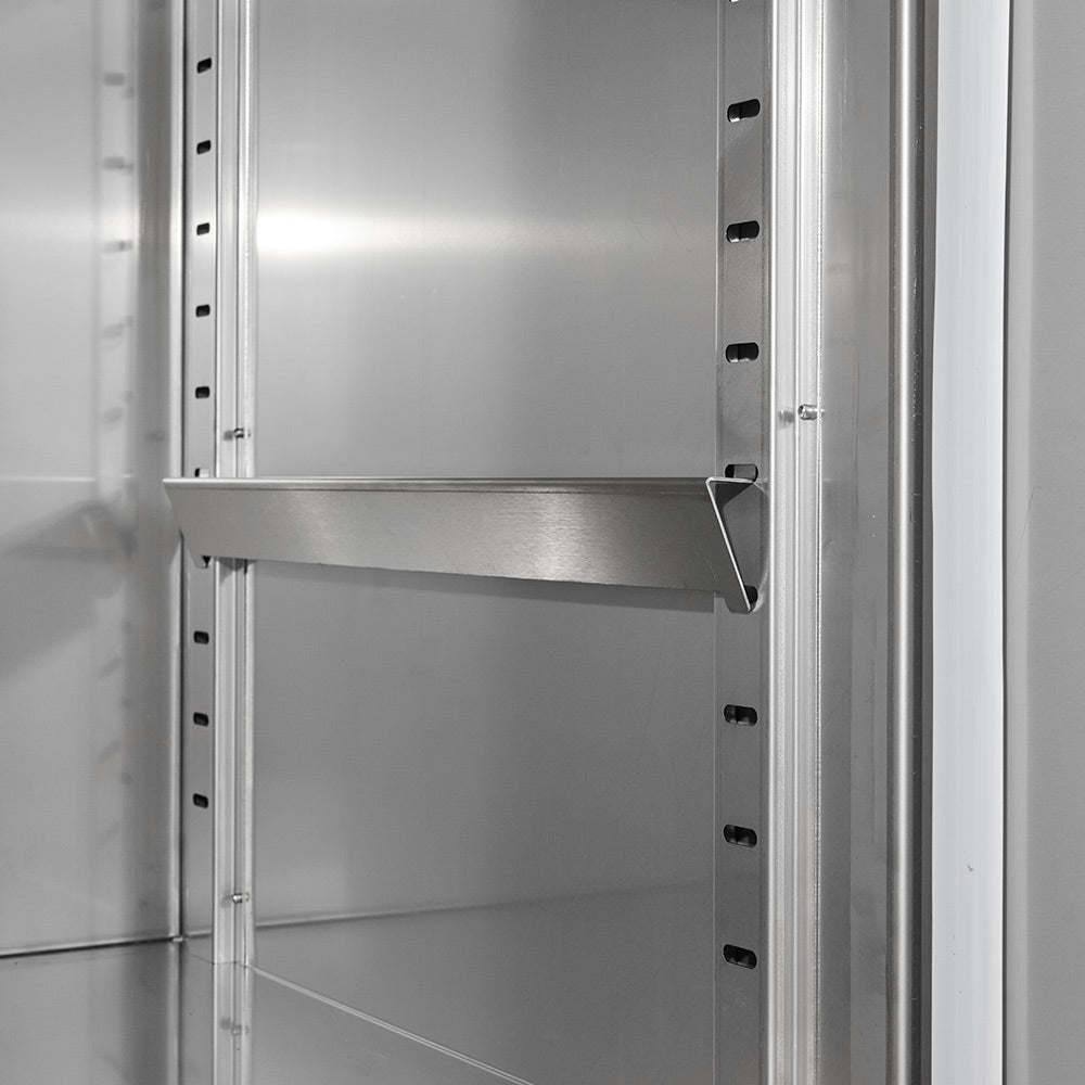 Stainless steel pantry interior with adjustable side rails and built-in shelf support
