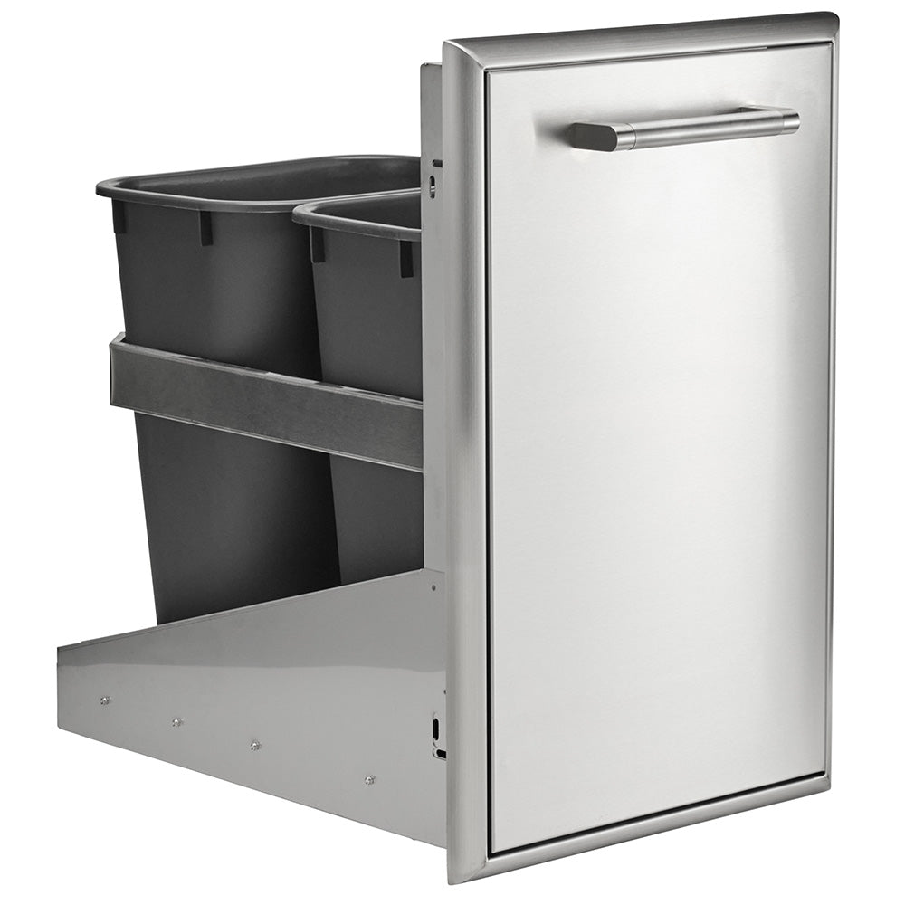 Coyote pull-out trash and recycle drawer with two black bins, stainless steel frame open