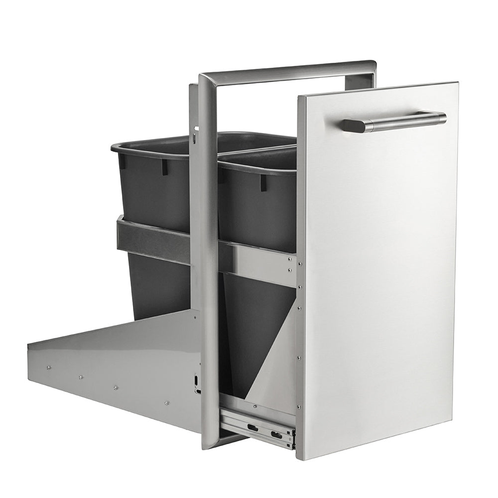 Pull-out trash and recycle drawer open, two black bins on slide-out base, stainless steel