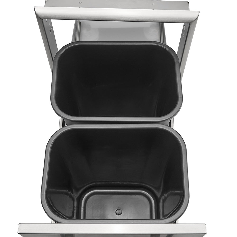 Pull-out drawer bins, two black containers with molded lids on stainless frame