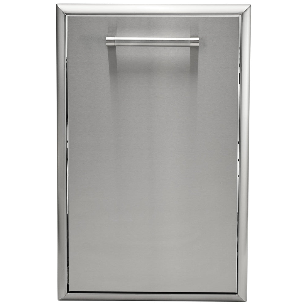Stainless steel pull-out trash and recycle drawer, front closed with handle bar