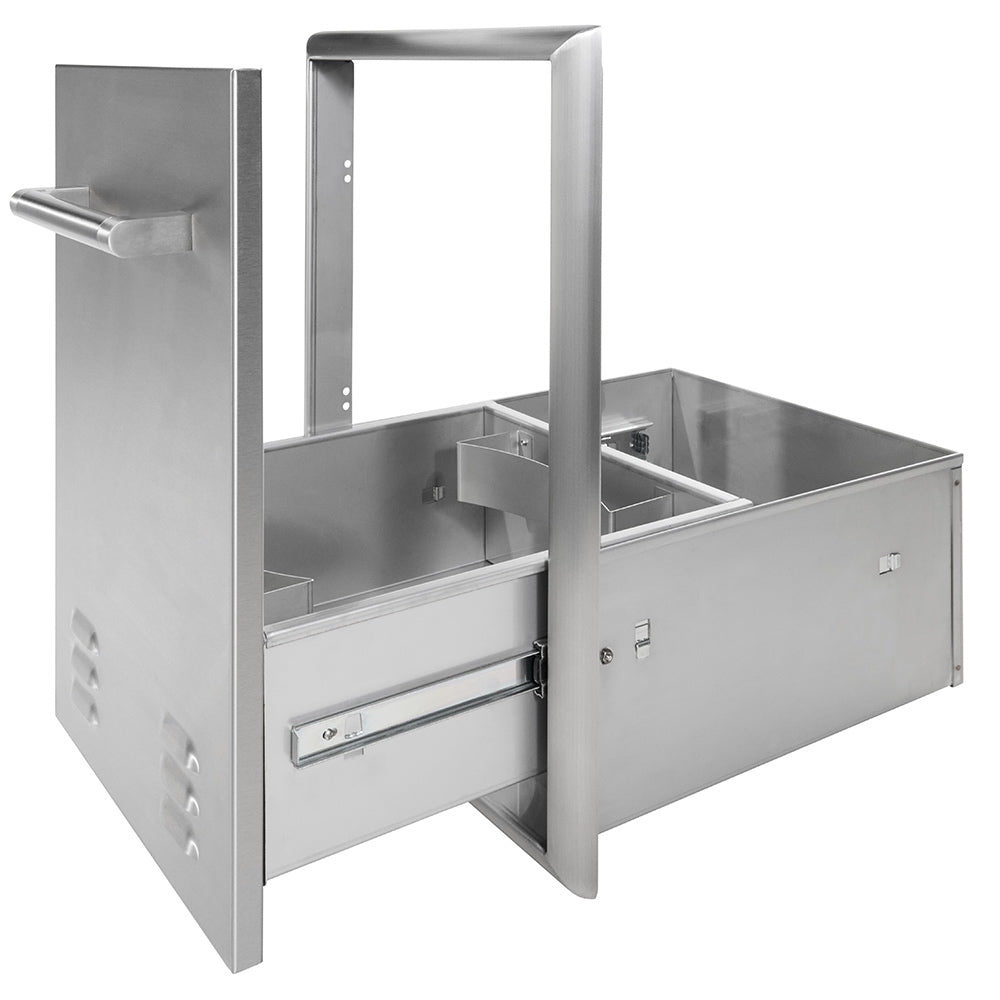Stainless steel pull-out drawer open to show bin and slide rails for easy access