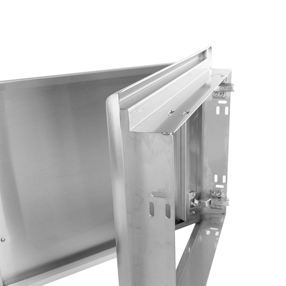 Stainless steel single access door open, showing mounting brackets and latch hardware