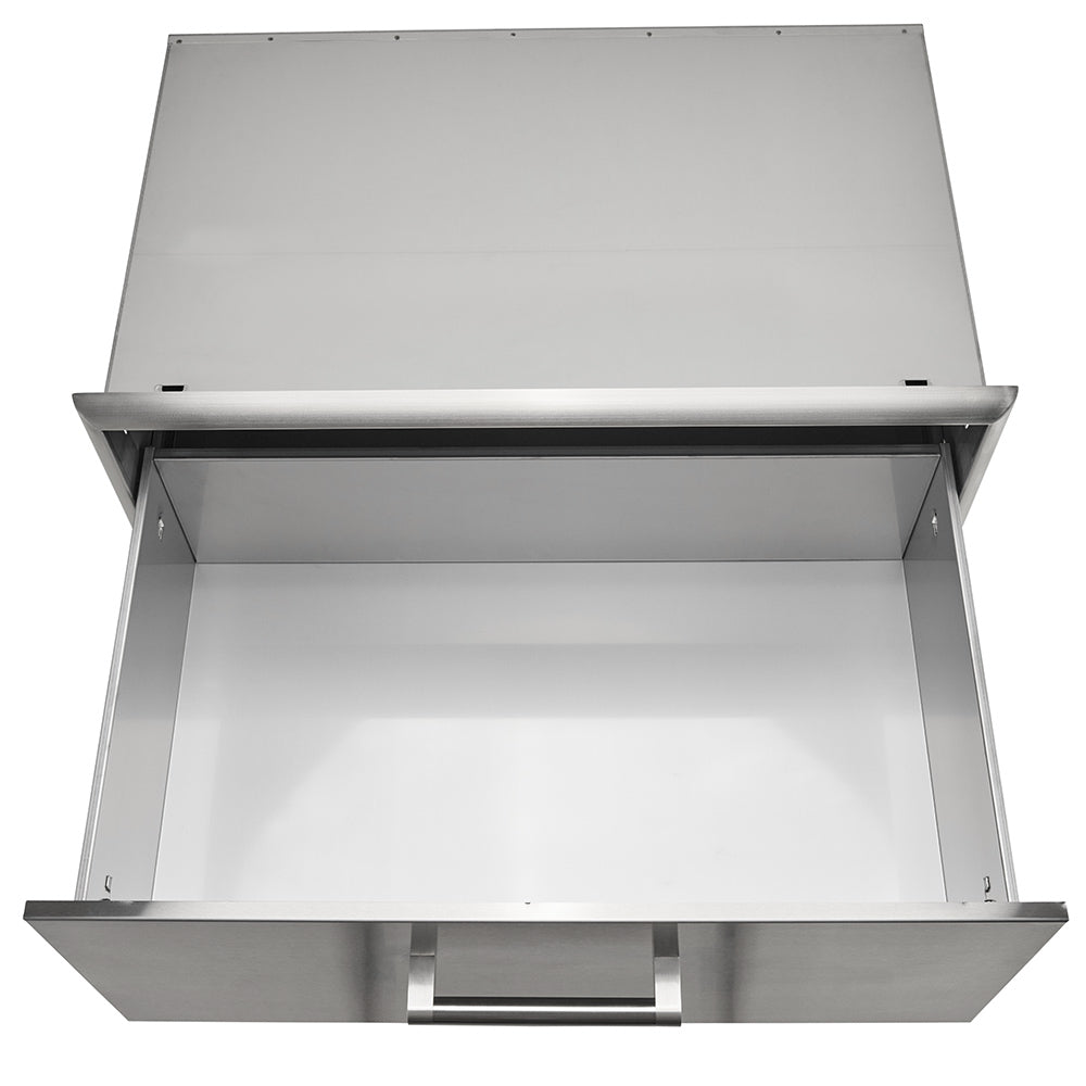 Coyote stainless steel single storage drawer, open view showing empty interior
