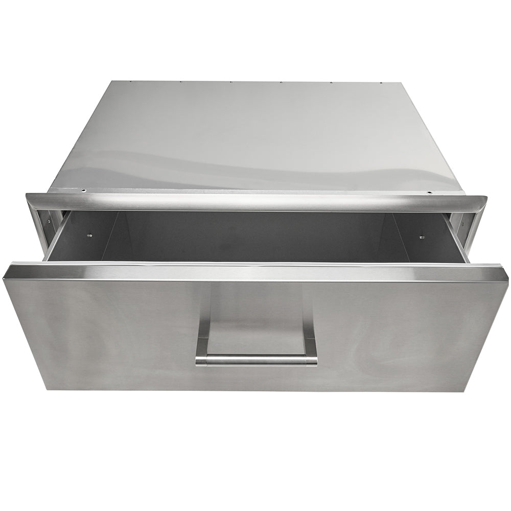 Stainless steel storage drawer with open top and front handle bar