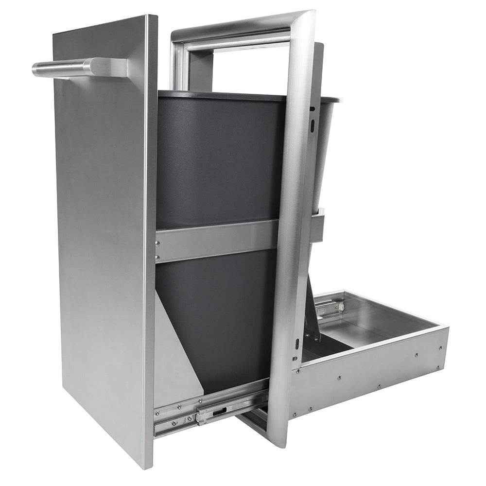Stainless steel pull-out trash/recycle drawer open with two inner compartments