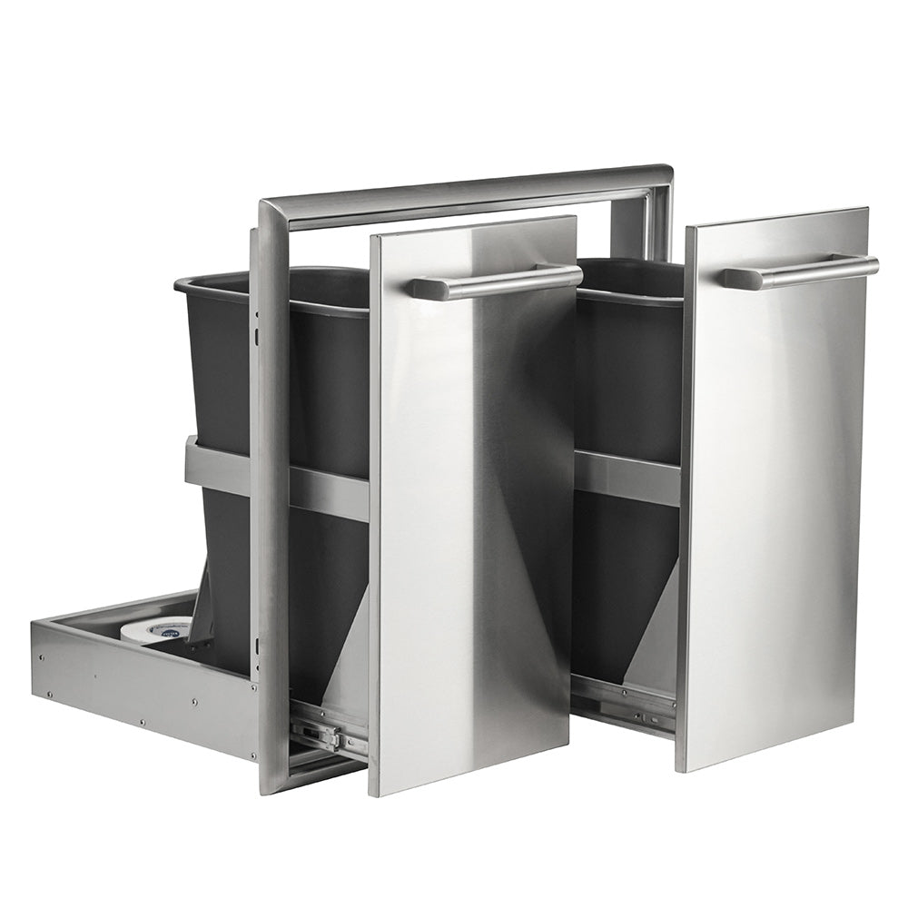 Stainless steel pull-out bin drawers with two compartments and matte black liners