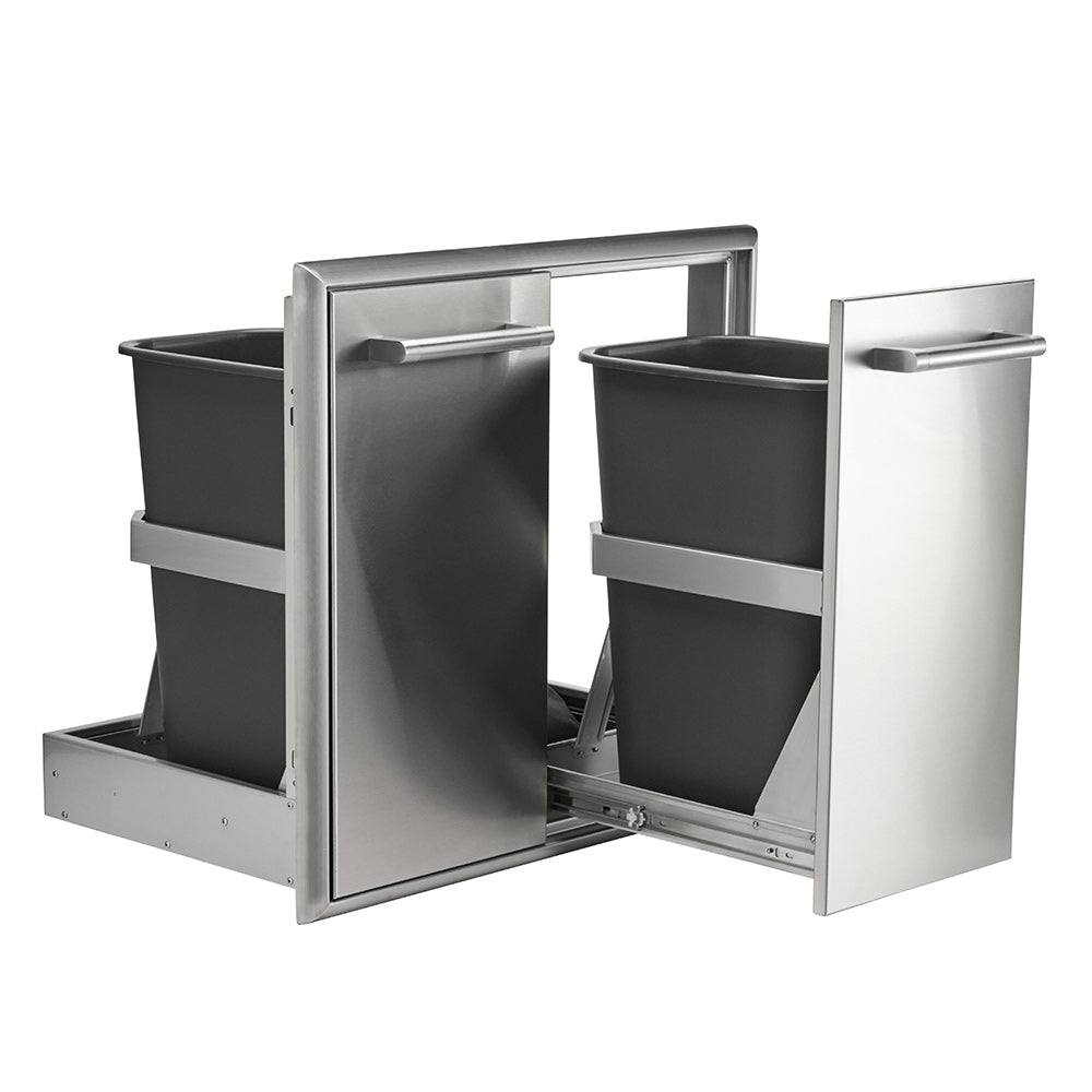 Stainless steel dual pull-out drawers with matte black and white waste bins