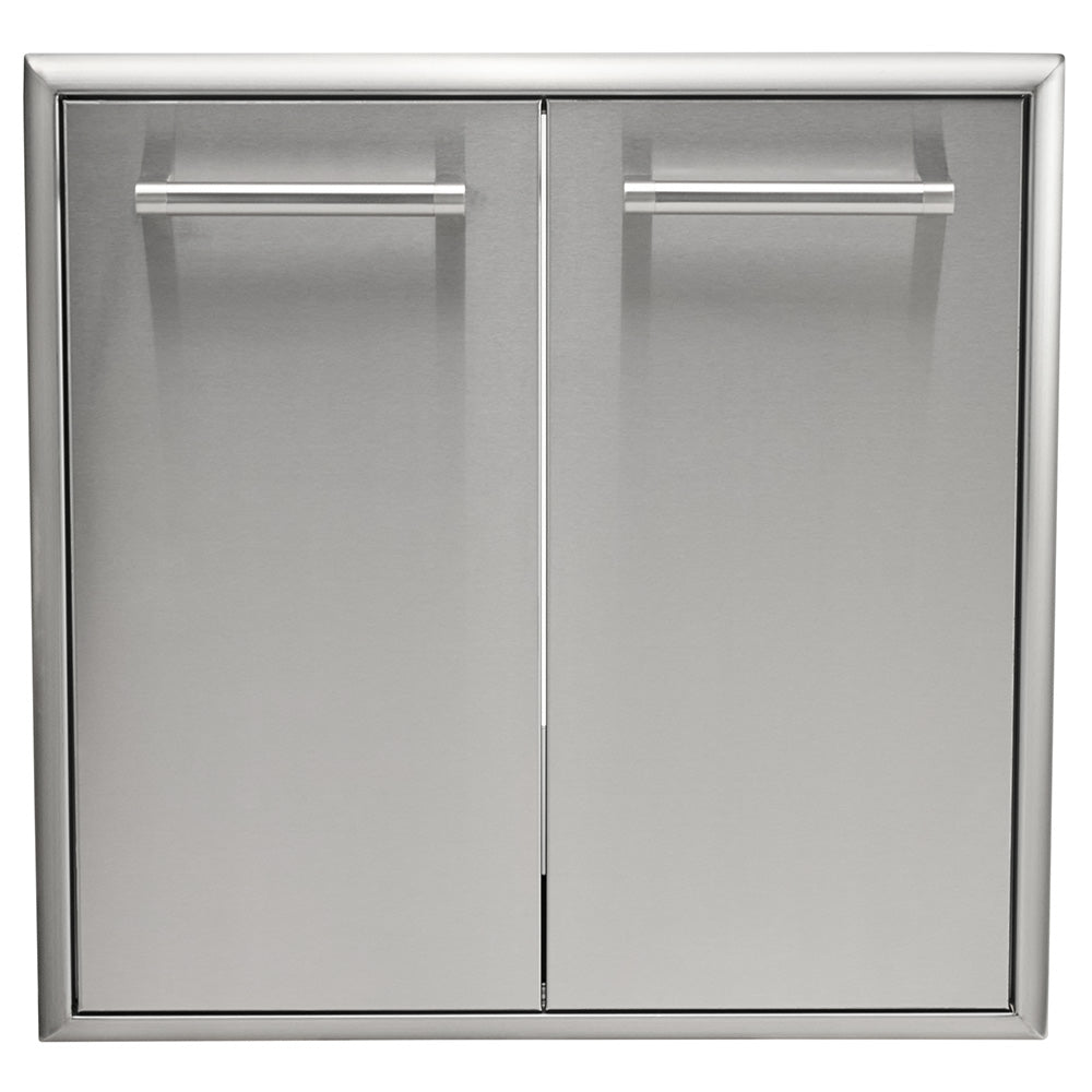 Stainless steel cabinet doors covering dual pull-out waste drawers with bar handles