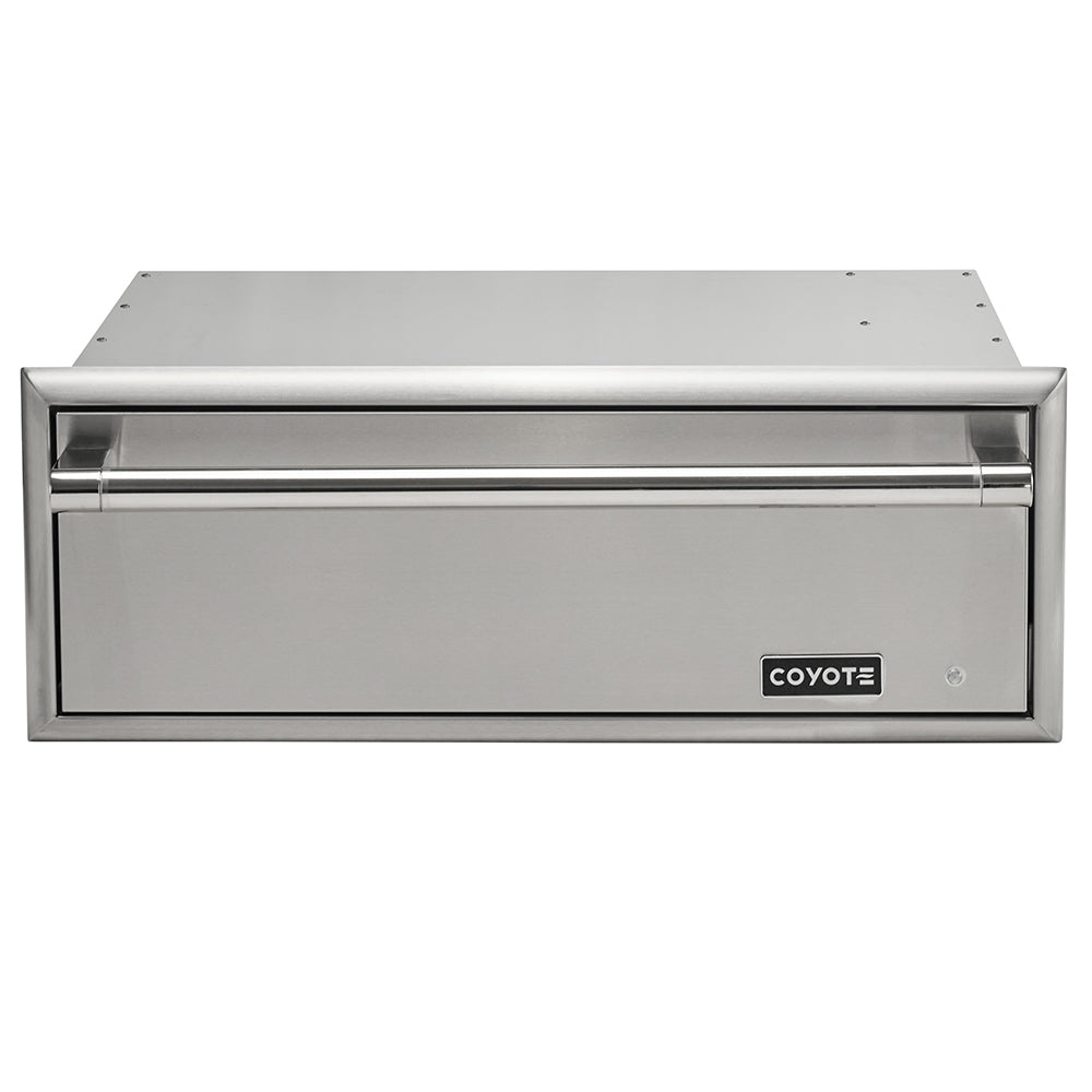 Stainless steel warming drawer with Coyote logo on front panel