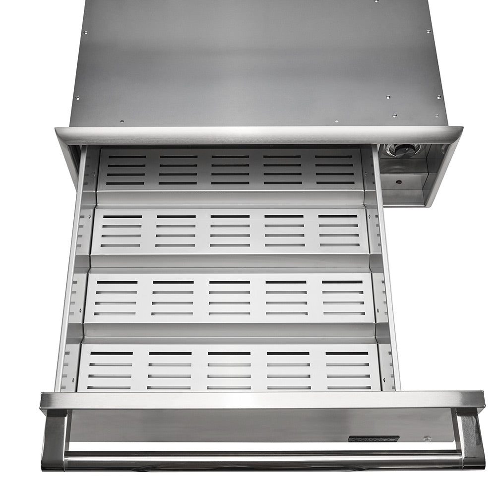 Open stainless steel warming drawer with vented food shelves
