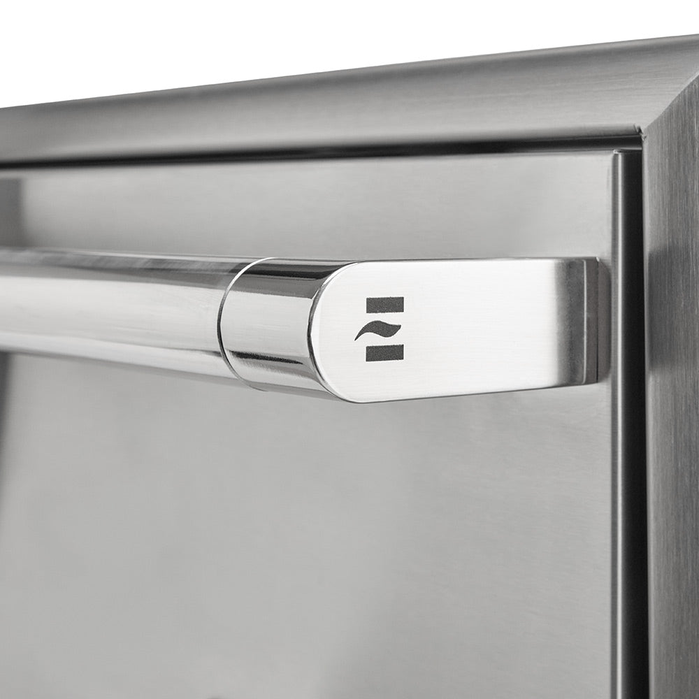 Stainless warming drawer handle with push-button style control