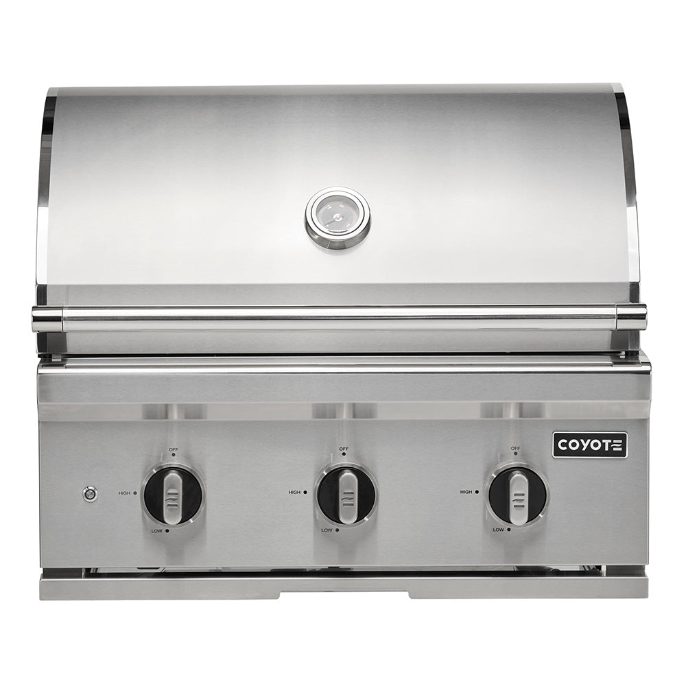 Coyote stainless steel built-in gas grill front with control knobs and lid handle